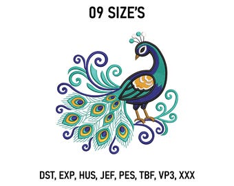 Peacock Embroidery Design, Peafowl Machine Embroidery Pattern, DST PES And Other Files (9 Sizes Digital Download)