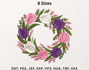 Tulip Wreath Embroidery Design, Floral Monogram Frame, Pink Flower Circle Embroidery, (8 Sizes Instant Download)