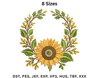 Sunflower Monogram Wreath Embroidery Design, Floral Frame Machine Embroidery Pattern, Instant Download