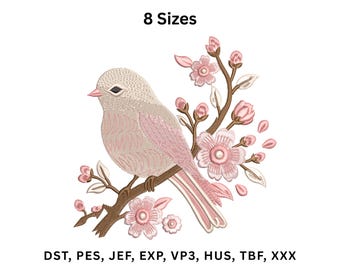 Pink Bird Embroidery Design, Cherry Blossom Floral Bird Machine Embroidery File, Digital Download.