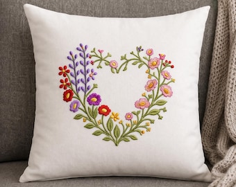 Colorful floral heart embroidery design on cushion cover wildflower heart machine embroidery file (Digital download)
