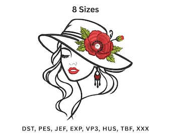 Woman Face With Flower Outline Machine Embroidery Design, Lady Face Line Art Embroidery File, Instant Download