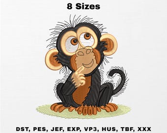 Funny Monkey Embroidery Design, Jungle Animal Machine Embroidery File, Cartoon Monkey Pattern, Digital Download