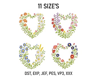 Floral Heart Embroidery Design Bundle, 4 Flower Heart Machine Embroidery Patterns 11 Sizes (Digital Download)