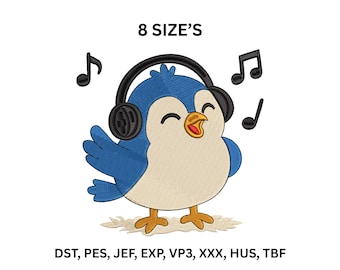 Singing Bird with Headphones Embroidery Design, Kawaii Music Bird (Digital Download)