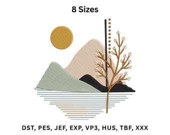 Abstract Mountain Embroidery Design | Minimalist Boho Sunset Landscape | Botanical Machine Embroidery File, Instant Download.