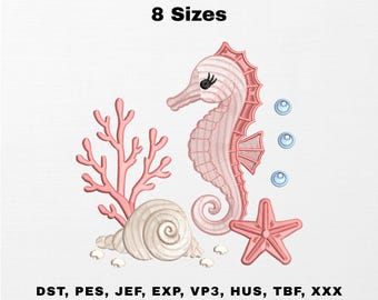 Seahorse Embroidery Design, Coral Reef Sea Life Machine Embroidery File, Nautical Beach Pattern, Digital Download