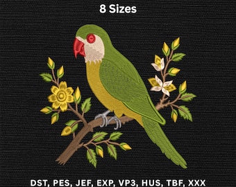 Parrot Embroidery Design, Tropical Bird Machine Embroidery Pattern, Floral Bird Embroidery File, Instant Download