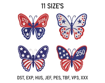 USA 250th Anniversary Butterfly Embroidery Design Bundle, 1776-2026 Patriotic Designs, 4th of July American Flag Butterfly, Digital Download