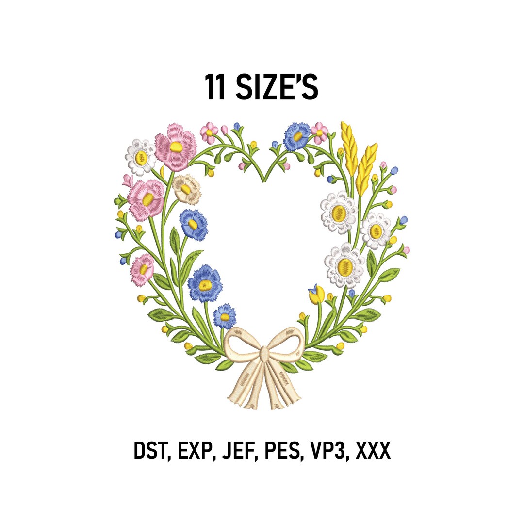 Heart Embroidery Design, Daisy Flower Wreath With Bow, Floral ...