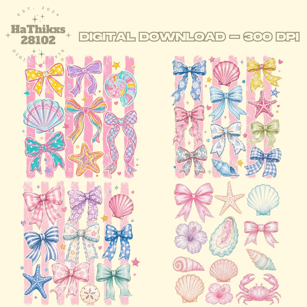 Coastal Coquette Bow PNG Bundle, Beach Shell Starfish, Summer Nautical ...