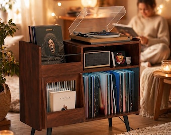 Mueble para guardar discos de vinilo con soporte para tocadiscos, mesa consola, mueble de madera, organizador de LP, expositor para colección de vinilos