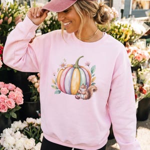 May include: A light pink long-sleeve sweatshirt featuring a graphic print of a multi-colored striped pumpkin surrounded by small flowers and leaves, with a small brown squirrel sitting next to the pumpkin holding a nut in its paws.