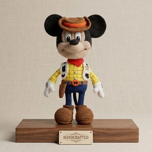 May include: A crocheted Mickey Mouse doll dressed as a cowboy, featuring a brown hat, yellow plaid shirt, white vest with black spots, red neckerchief, blue trousers, and brown boots. The doll stands on a wooden base with a plaque reading HANDCRAFTED.