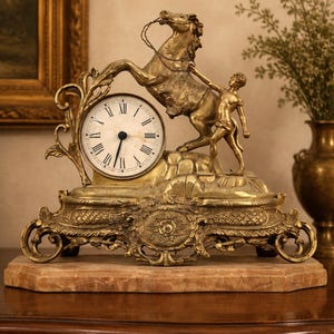 Peut inclure: Une horloge de cheminée en métal doré avec un cadran blanc circulaire et des chiffres romains noirs. L'horloge est fixée sur un socle en marbre rectangulaire et ornée d'une sculpture représentant une personne tenant les rênes d'un cheval cabré.
