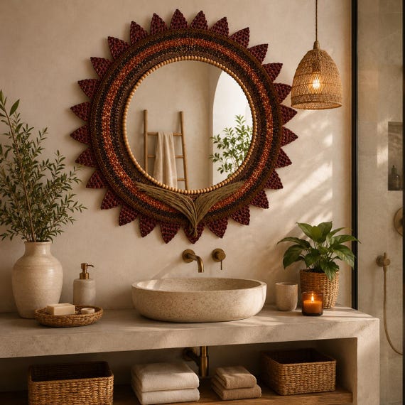 Handwoven Sunburst Wall Mirror, Artisan Statement Mirror, Rustic Boho Bathroom Decor, Large Round Woven Folk Art Mirror
