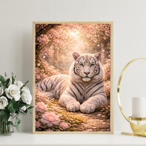 Puede incluir: Impresión enmarcada que presenta un tigre blanco descansando en un entorno floral. El tigre tiene rayas negras y ojos azules. El fondo incluye flores rosas y un bosque soleado, creando una escena serena y artística.