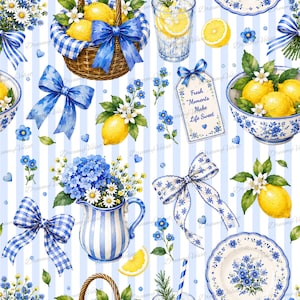 Sömlöst mönster med blå citron | Digitalt papper med medelhavsmotiv | Mönster med kustnära citrusfrukter | Utskrivbart tyg PNG JPG | Digital nedladdning