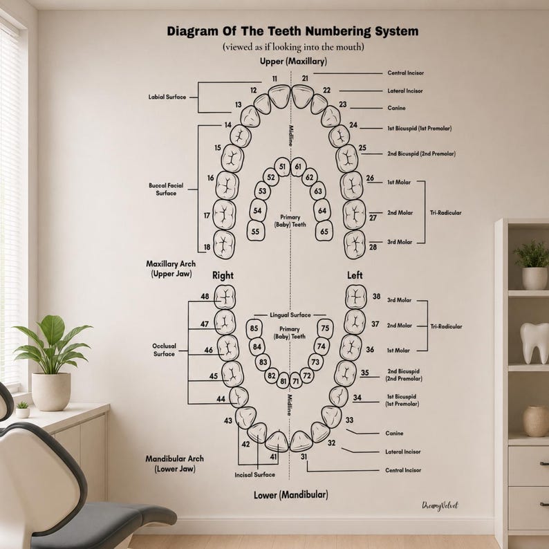 Teeth Numbering System Chart Printable, Dental Anatomy Wall Art ...