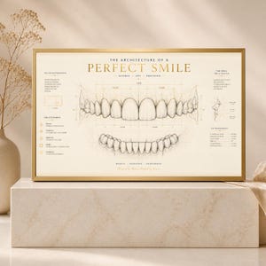 Puede incluir: Una lámina enmarcada titulada The Architecture of a Perfect Smile que muestra ilustraciones dentales técnicas de los dientes superiores e inferiores con marcas geométricas, anotaciones y texto descriptivo en un marco dorado.
