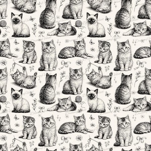May include: A repeating pattern on a cream background featuring black and white ink illustrations of various kittens in sitting and lying positions, interspersed with small yarn balls, butterflies, bows, and floral sprigs.