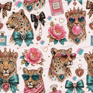May include: A seamless pattern featuring leopards with teal bows, pink sunglasses, and crowns, interspersed with pink peonies, perfume bottles labeled Wild & Fabulous and Born to Shine, black bows, and heart-shaped jewelry on a light pink background.