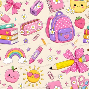 Könnte beinhalten: Ein sich wiederholendes Muster mit Schulbedarf und Symbolen, darunter ein rosa Rucksack, Bücher, ein Bleistift mit gepunkteter Schleife, ein Regenbogen, eine lächelnde Sonne mit Herzsonnenbrille, eine Erdbeere, ein Spitzer und kleine Blumen.