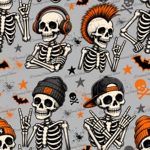 May include: A seamless pattern on a gray background featuring skeletons with various accessories including orange headphones, a bright orange mohawk, a black beanie with a smiley face patch, and a black baseball cap, accented by bats and stars.