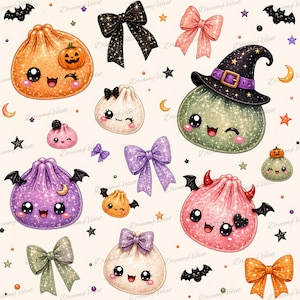 May include: A pattern featuring various kawaii-style dumplings with faces, some wearing witch hats or bat wings, interspersed with glittery bows in black, pink, purple, green, and orange, along with small stars, moons, and bats on a cream background.
