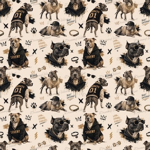 May include: A repeating pattern on a light beige background featuring illustrations of pit bull dogs wearing hoodies, varsity jackets, and sunglasses. The design includes text such as "LOYALTY 01," "LEGEND," "BUILT DIFFERENT," "KING," and "LOYAL, STRONG, FEARLESS."