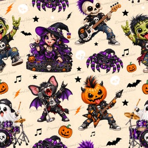 May include: A seamless pattern featuring cartoon characters with a Halloween theme, including a DJ witch, a skeleton guitarist, a pumpkin-headed musician, a bat, a ghost drummer, and spiders, interspersed with stars, bats, and pumpkins.