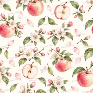Könnte beinhalten: Ein nahtloses Muster mit Aquarellillustrationen von roten Äpfeln, Apfelhälften, weißen Apfelblüten und grünen Blättern auf cremefarbenem Grund. Das wiederkehrende Design enthält verstreute rosa Blütenblätter und den Text DreamyVelvet.