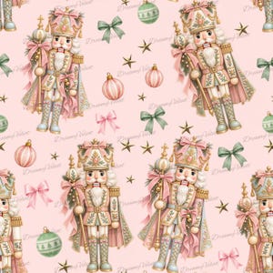 May include: A repeating pattern on a light pink background featuring illustrations of nutcrackers in pink and gold uniforms, green and pink striped ornaments, sage green bows, light pink bows, and gold stars with the text DreamyVelvet.