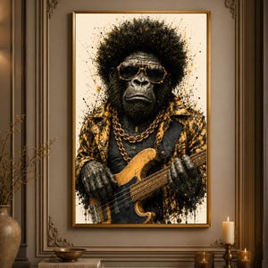 May include: A framed wall art print featuring a gorilla with a large afro hairstyle, wearing dark sunglasses, a thick gold chain necklace, and a yellow and black patterned jacket while playing a wooden electric bass guitar with black accents.