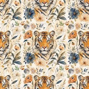 May include: A seamless pattern featuring tiger faces, dark blue and light orange flowers, green leaves, and small moons on a cream background. The repeating design includes detailed tiger heads with black stripes and orange fur.