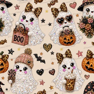May include: A seamless pattern featuring cartoon ghosts decorated with faux crystals and pearls. The ghosts wear leopard print bows, heart-shaped sunglasses, and knit hats. They hold items like a bag labeled BOO, pumpkins, and lollipops.