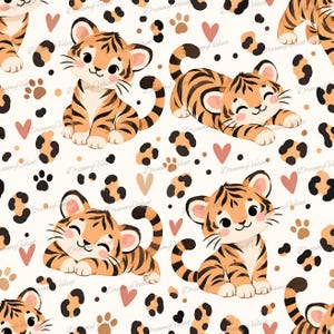 May include: A repeating pattern on a cream background featuring cartoon tiger cubs in various poses, interspersed with small pink hearts, brown paw prints, and leopard-style spots. The tigers have orange fur with black stripes.