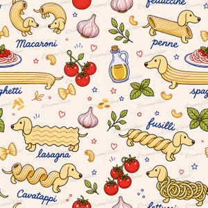 Pode incluir: Um padrão repetitivo com cães salsicha de desenho animado integrados com várias formas de massa como macarrão, penne, espaguete, lasanha, fusilli e cavatappi, ao lado de ilustrações de tomates, alho, manjericão e garrafas de azeite.