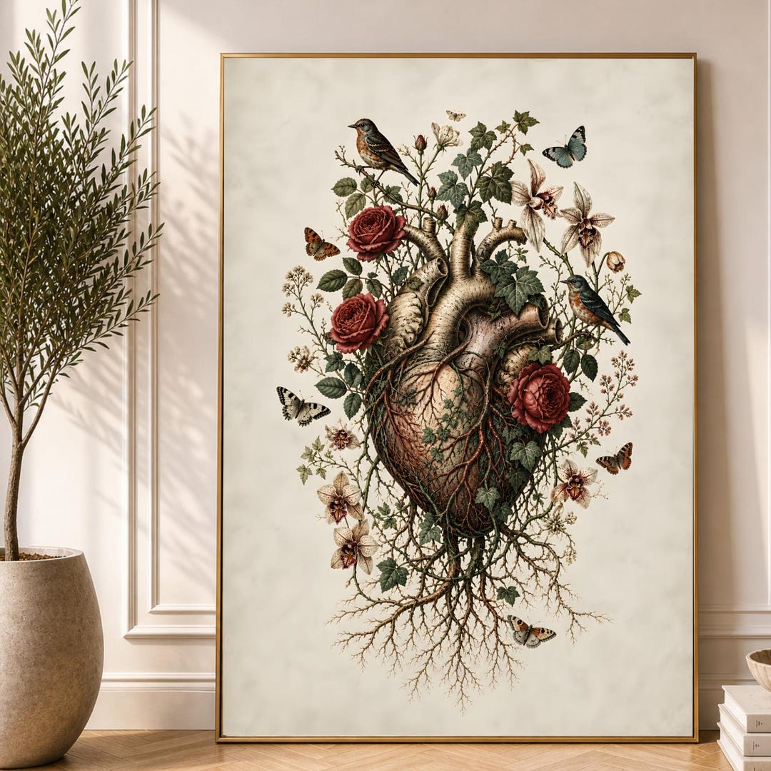 Botanical Heart Anatomy Art Print, Vintage Floral Illustration, Dark ...