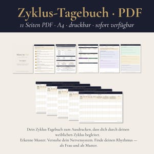 Könnte beinhalten: Ein digitales PDF-Journal mit dem Titel "Zyklus-Tagebuch" in goldener Schrift. Das Bild zeigt mehrere Seiten mit Diagrammen und Text, darunter eine Titelseite mit dem Text "Mama im Flow". Das Journal ist zum Drucken auf A4-Papier konzipiert.