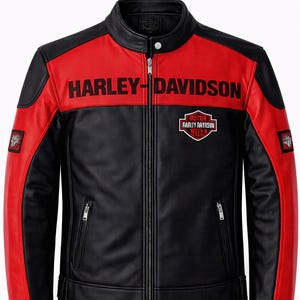 Harley-Davidson Röd Svart Lädermotorcykeljacka – Herr Bikerjacka Logotypmärken