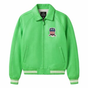 May include: Bright green leather jacket with a collared neckline and a zip-up front. The jacket features a patch with a red, white, and blue design on the chest and white and green striped cuffs and hem. The brand name "AVIREX" is visible on the patch.