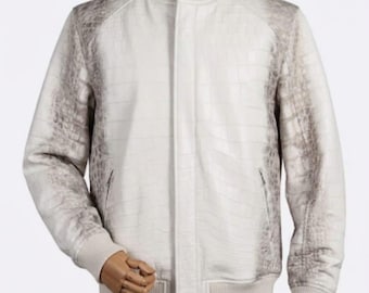 Himalayan White Crocodile Embossed Leather Bomber Jacket – Men’s Luxury Outerwear