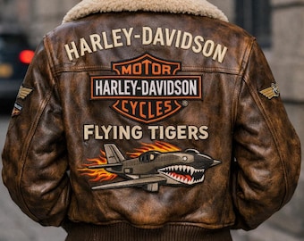 Vintage Harley Davidson Flying Tigers Leather Bomber Jacket, Distressed Aviator Shearling Collar