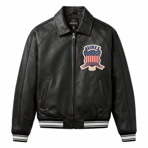 May include: Black leather jacket with a collared neckline and a zip-up front. Features a patch on the chest with a red, white, and blue design and the word "AVIREX". The jacket has white stripes on the cuffs and hem.