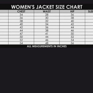 Puede incluir: Tabla de tallas de chaquetas para mujer con medidas en pulgadas. La tabla incluye tallas XS a 6XL, que enumeran las medidas de pecho, cintura, cadera y largo de manga. El texto "ALL MEASUREMENTS IN INCHES" est&aacute; en la parte inferior.