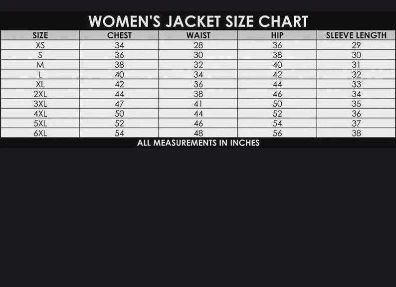 Puede incluir: Tabla de tallas de chaquetas para mujer con medidas en pulgadas. La tabla incluye tallas XS a 6XL, que enumeran las medidas de pecho, cintura, cadera y largo de manga. El texto "ALL MEASUREMENTS IN INCHES" est&aacute; en la parte inferior.