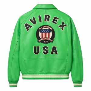 May include: Bright green leather jacket with the word "AVIREX" arched across the shoulders. The back of the jacket features a patch with the words "ALL AMERICANS" and "USA" along with an American flag design. The jacket has a white and green striped trim.