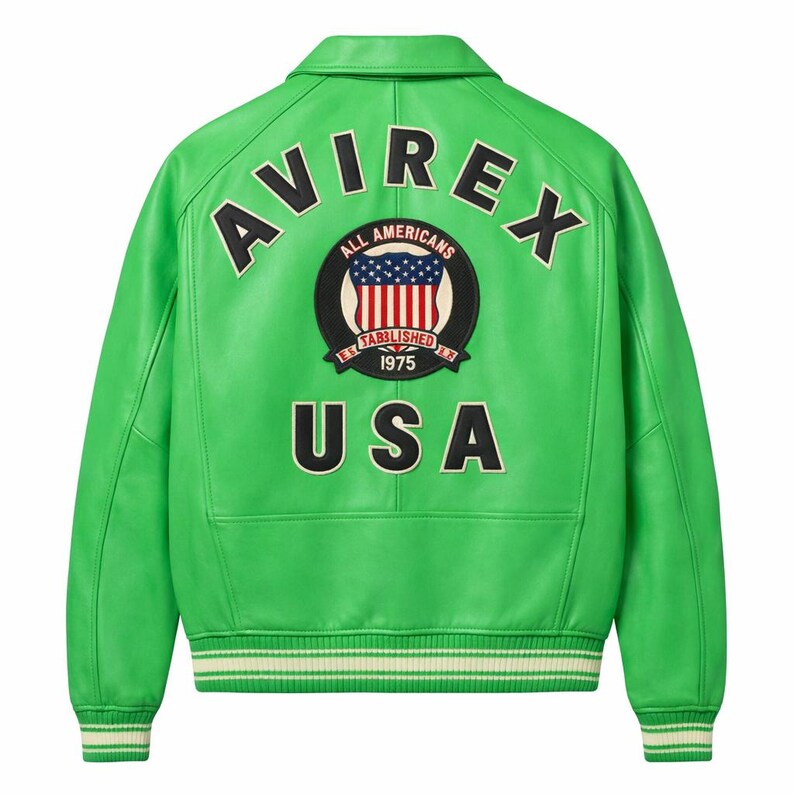 May include: Bright green leather jacket with the word "AVIREX" arched across the shoulders. The back of the jacket features a patch with the words "ALL AMERICANS" and "USA" along with an American flag design. The jacket has a white and green striped trim.