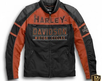 Kurtka motocyklowa Harley-Davidson męska w kolorze czarno-pomarańczowym ze skóry – haftowana odzież motocyklowa